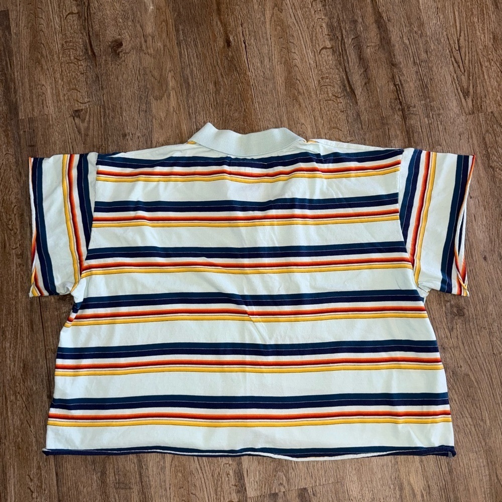 THE GREAT. Mint Striped Polo Tee with Navy, Red and Orange Stripes 1 - Picture 11 of 12